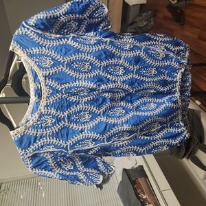 Solitaire Blue and White Ruffled Short Sleeve Blouse